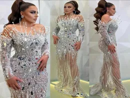 2022 Plus Größe Arabisch ASO EBI Silver Mermaid Luxuriöser Abschlussballkleider Perlen Kristalle Abend formelle Party Zweiter Empfangsgeburtstag7614221