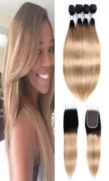 Ombre Blonde Hair Bundles with Closure 1B 27 Honey Blonde Brazilian Straight Hair Remy Human Hair Extensions 4x4 LA5928342와 4 번의 번들