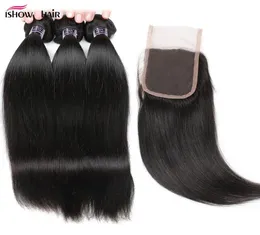 Ishow 10a Mink Brasil Bundial de cabelo humano reto com encerramento de renda Peru de cabelo malaio peruano Virgem para mulheres meninas A4538119