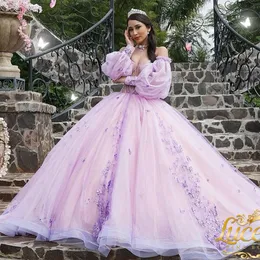 Leylak kapalı omuz ışıltılı quinceanera elbise uzun kollu 2024 hacimli payetler baile aplike dantel tül vestidos balo vestidos 15 de elbisesi