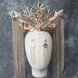 Parti Malzemeleri Güzel 2024 Çin Mahkemesi Retro Gelin Xiuhe Elbise Phoenix Crown Headdress Düğün Cheongsam Altın Süsleme