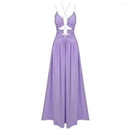 Vestidos casuais 2024 Autumn Light Purple Treating Women Mulheres Pleated Dress Long Dress Long Halter Backless Transparente feminina tira feminina