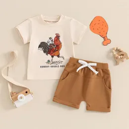 Kleidungsstücke Kleinkindjungen Kleidung Kurzarm Kurzarm Buchstabe Rooster -Drucktops und Drawschnellshorts Kinder