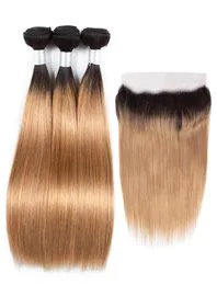 Kolor 1B27 Peruwiańskie proste pakiety ombre z koronkowymi czołowymi malezyjskimi indyjskimi brazylijskimi dziewiczymi dziewiczymi ludzkimi splotami włosów 3 wiązki z CL6164801