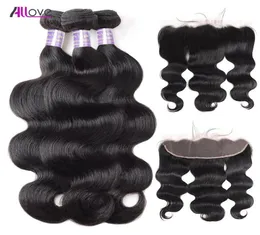 Body Wave Virgin Hair Extensions kinky raka lockiga mänskliga hårbuntar med stängning 3st djup våg med 134 spets frontala closur8105298