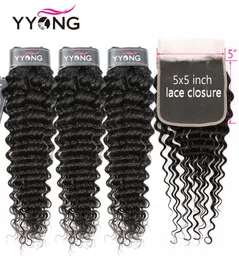 Yyong 34 Deep Wave Bundly Wita 5x5 Lace Closury 830 inch Peruvian Remy Human Hair Closure With Bundles Double Strong Weft7427252