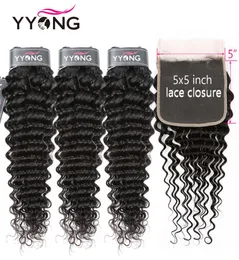 Yyong 34 Deep Wave Bundly Wita 5x5 Lace Closury 830インチペルーレミーヒューマンヘアクロージャー