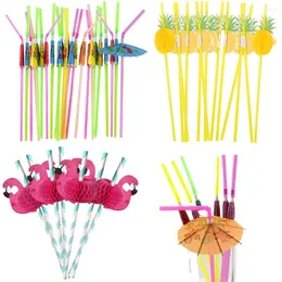 Disposable Cups Straws 50PCS Umbrella Parasol Drinking Color Flamingo Pineapple For Hawaiian Cocktail Luau Party Decorations