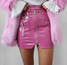 Элегантная юбка Женская искусственная кожа высокая талия юбки высококачественная розовая пуговица Сексуальная вечеринка Slim Split Mini Skirt12824682