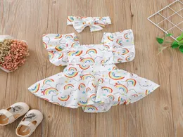 Einzelhandel, Baby Mädchen Regenbogen gedruckter Strampler mit Bogenstirnband 2pcs Set Kids Lotus Blatthülle Onepiece Onesies Jumpsuit Chi846948