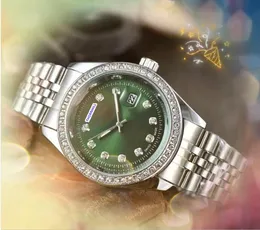 Unisex Womens Mens Day Datum Quarz Uhren Edelstahl -Hülle Top -Qualität -Kettenarmband Diamanten Ring Punkt Fabrik Zeit Uhr Zeit Woche 24 Stunden Kalender Uhrengeschenke