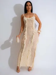 Jrry sexy Frauen Strickkleid ärmellose Spaghetti -Gurt Quweiß Lange Häkelkleider Hohlaushöhle aus gehäkelten Strand 240412