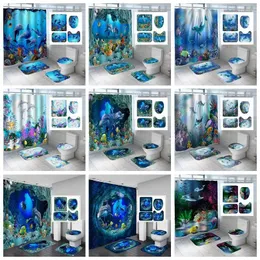 Duş perdeleri 4pcs Yıkanabilir 3D Mavi Okyanus Yunus Oyun Su geçirmez kumaş banyo perdesi kayma önleyici halı tuvalet kapak mat