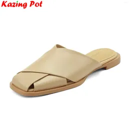 Slippare Vichelo Cow Leather Square Toe Chunky Heel Slingbacks Mules Concise Style Beach Shoes Office Lady Lady Outside Out