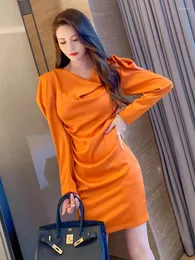 Casual Dresses Spring Women Mini Dress Orange Elegant Fahion Pile Collar Puff Long Sleeve Slim Folds Wrap Hip Chain Belt Outfit Vestidos