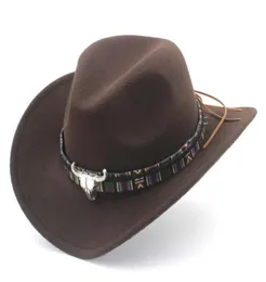 Weitkrempe Western Cowboyhut Mütze Frauen Faux Wolle Filz Fedora Hats Ribbon Metal Bullhead dekoriert schwarze Panama Cap3213897