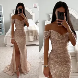 Fabelhafte Meerjungfrau Champagner Prom Kleider von Schulter Glitzer Pailletten Abendkleid Falten geteilt formelle Lange besondere Anlässe Partykleid