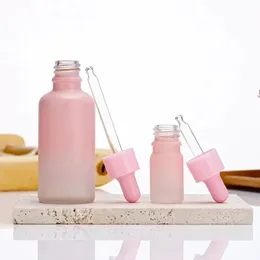 2024 5ml-50ml pipet damlası ile pembe buzlu cam şişe, pembe esansiyel yağ şişeleri, kozmetik öz paketleme bottlecosmetic öz