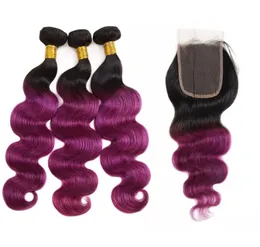 Ombre Color Hair Plaing Extensions 3bundles с закрытием T1Bpurple T1B99J волновая волна человеческих волос Straight8557827