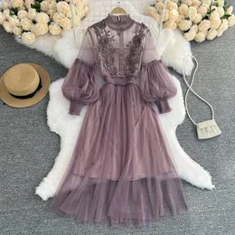 Dres French Lace Flower Dress Gauze Lantern Sleeve Voile Long Long Rorto Hook Princess 2 قطعة 240402