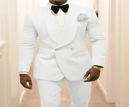 White Men Wedding Tuxedos Shawl Lapel Groom Suits Blazer 2 Piece Dobby Prom Party Dinner Jacket Attire Custom MadeJacketPantsBo6090715