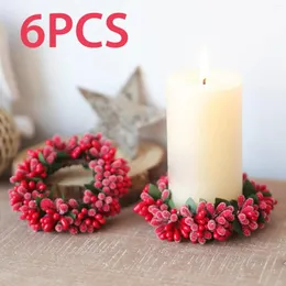 Decorative Flowers 6Pcs Christmas Candle Ring Wreath Ornament Greenery Farmhouse For Party Home Valentine's Day Tabletop Decorations