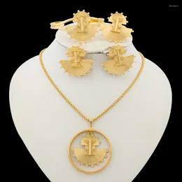 Brincos de colar Set Set Italian and Jewelry Gold Color Bangle Ring 4pcs para acessórios pendentes africanos do partido