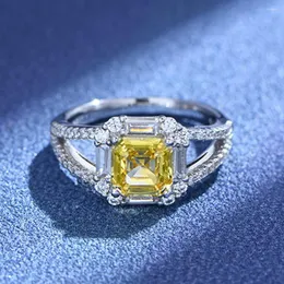 Rings de cluster real S925 Silver Square 7mm Anel de diamante amarelo feminino 5a Design original Design Original Jóia de Luxúria Banquete