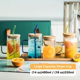 Mugs 600ML/400ML Square Round Mug With Lid And Straw Monochrome Handle Layered High Borosilicate Glass Iced Coffee Milk Bubble Tea