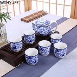 TeAware Setleri Stil Mavi ve Beyaz Porselen Çay Seti Anti-Ölçekli Isı Çayak Teapot Ofis Ev İçme Mutfakları Wshyufei