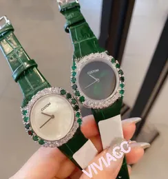 famous brand geometric graphics Watches for women Genuine leather clock full crystal Green diamond Bezel Quartz Wrist watch 32mm1018957