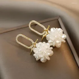 Stud Earrings Ladies Luxury Long Flower Hand-made Pearl Beaded Korean Fashion Shiny White Women Elegant Sweet Jewelry