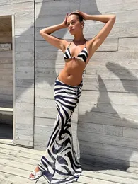 Edolynsa Seksi Zebra Stripes 3 Parça Bikini Seti 2024 Yaz Plajı Giyim Üçgen Bikinis Mayo Etek Mayo Kapak A1554 240411