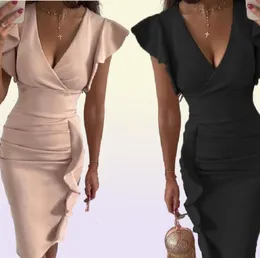 Günlük elbiseler fufaillm ofis bayan bodycon elbise yaz kadın vneck dantel kalem fırfırlar kısa kollu sargı parti düğün forma