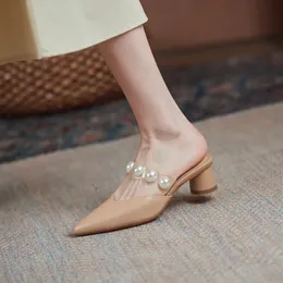 Womens Spring/Summer Pointed Leather Pearl High Heels Barge Headed Muller Slippers 240410