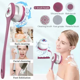 Fırçalar Elektrikli Vücut Duş Fırçası Geri Yatakçı Şarj Edilebilir Eksfolians W/5 Çok Fonksiyonlu Temizlik Banyosu Fırça Başlıkları Çıkarılabilir sap