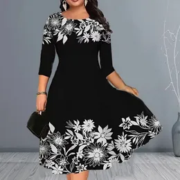 Kobiety ubiera się lato Oneck 34 Rękaw Midi Plus Size Mustleflies Drukujący talia Obcisłe luźne rąbek Casual Streetwear 240411