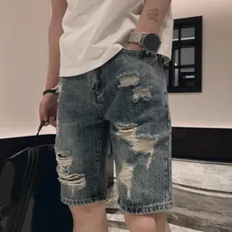 Buchi strappati estivi pantaloncini di denim tasche di medio tasche con cerniera flacaggio gamba dritta gambe lunghezza corta jeans streetwear 240409