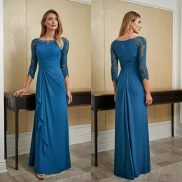 2024 결혼식을위한 신부 드레스의 청록색 블루 어머니 3/4 긴 슬리브 이브닝 가운 주름 레이스 보석 쉬폰 웨딩 게스트 드레스