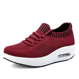 Casual Shoes Breathable Knit Women's Lace Up Platform Sneakers Slim Wedges Outdoor Walk Female Height Increase Swing