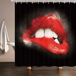 Shower Curtains Sexy Red Lips Fashion Girl Woman Girly Biting Lip In Black Bath Set