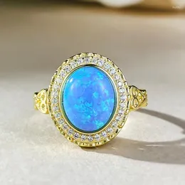 Ringos de cluster 2024 Moda 925 Silver Bated Gold Inclaid 8 anel azul opala oval de 10 mm para mulheres