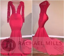 2K18 Red Mermaid Prom Dresses Evening Wear Lace Chicin Celebrity Celects Sweep Train Long Sleeves Party Dress Cheap3067656