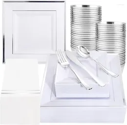 Disposable Dinnerware 350Pcs Silver Plates - Square Plastic Include 50 Dinner Dessert Cups Cutlery