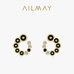 Stud Earrings Ailmay 925 Sterling Silver Black Enamel Geometric Design Ear Studs Sparkling CZ 14K Gold For Women Wedding Jewelry