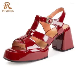 Sandals Prxdong Women’s Shoes Summer Qulaity Genuine Leather Square High Heels Platform T-Strap Pink Red Dress Party Lady 39