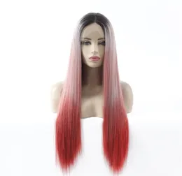 26 tum syntetiska snörningspärrar Wigs Simulation Human Hair Spets Front Wigs Silkeslen Straight Perruques Natural Straight Long Remy Hair Gradient Colors Mer Choice Choice