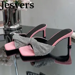 Slippers Summer Square Square Toe Thin High Cheel Sandals Women Women Bling Crystal Chylow Mouth Rhinestone Sexy Party Dress Shoes 2024