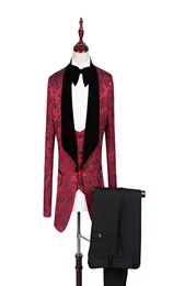 Novo noivo Tuxedos Burgondy Red Slim Fit Man Jacquard Suit Groomsmen Wedding Notch Men Meaves Sits Notroom Blazer Jacketpa6427595