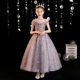 Girl Dresses Flower Dress 2024 Spring Western Style Princess Host Walk Show Purple Fairy Children's